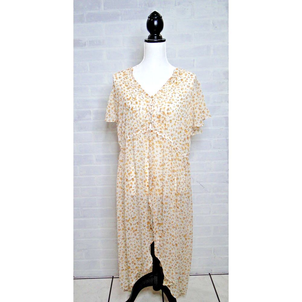 Torrid Woman's 1 White Yellow Floral Chiffon Hi-Low Split Maxi Top Short Sleeves